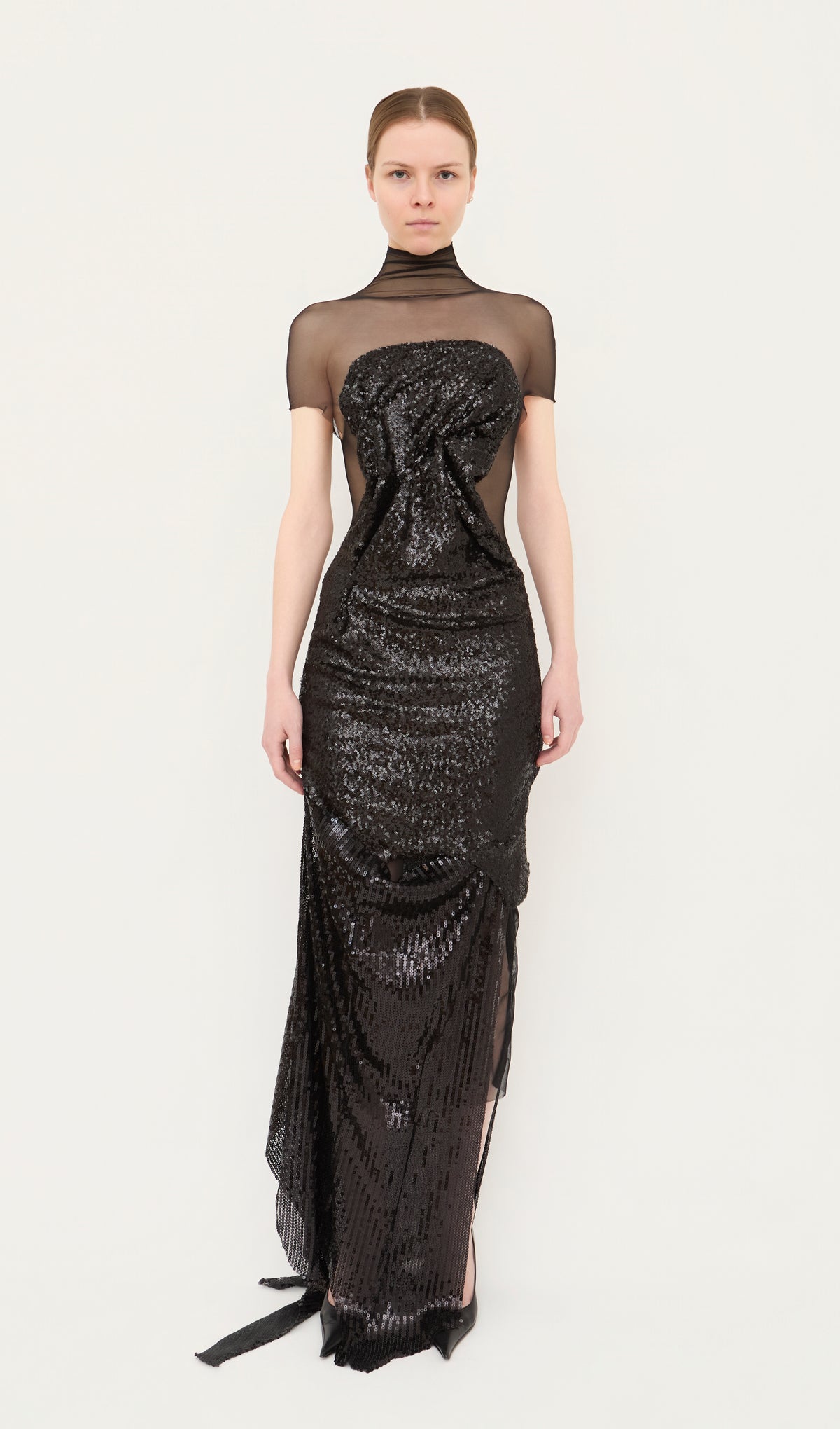 Draped Sequin Mesh Dress