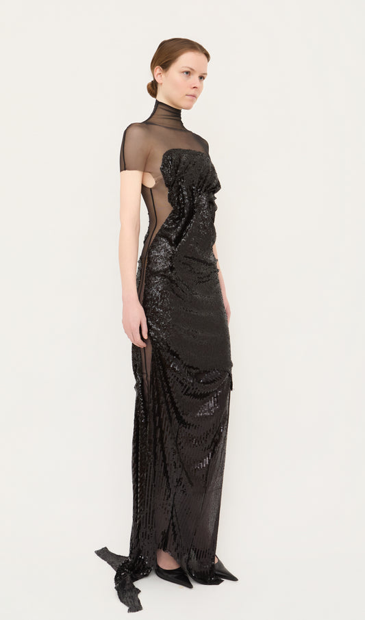 Draped Sequin Mesh Dress