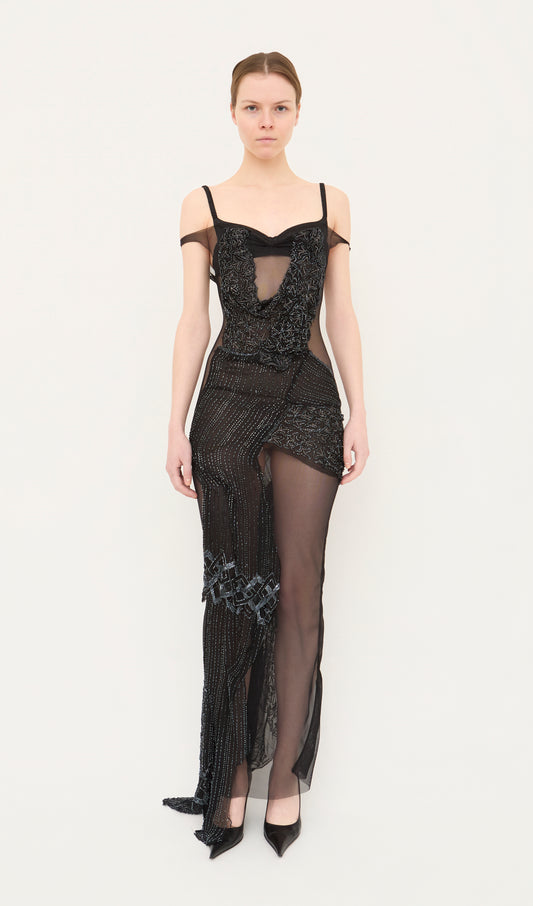 Draped Embroidery Mesh Dress